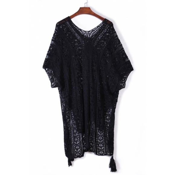Black Crochet Knit Beach Swim Coverup Poncho Tunic - Picture 6 of 8